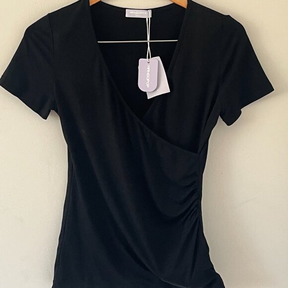 NWT MANGOPOP Cross Wrap Ruched Plunge Deep V Neck Slim Fit Short Sleeve Sz Med - Picture 3 of 6